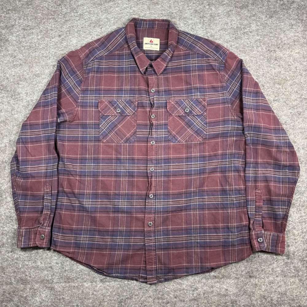 American Giant Plaid Flannel Shirt Mens XL Burgundy Blue USA Cozy Long Sleeve